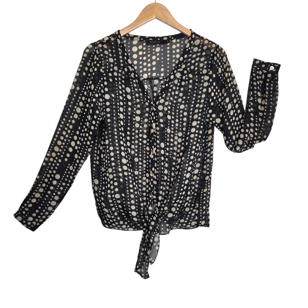 Sheer Black Polka Dot Tie Front Blouse Retro Parisian Blouse SZ M The Limited